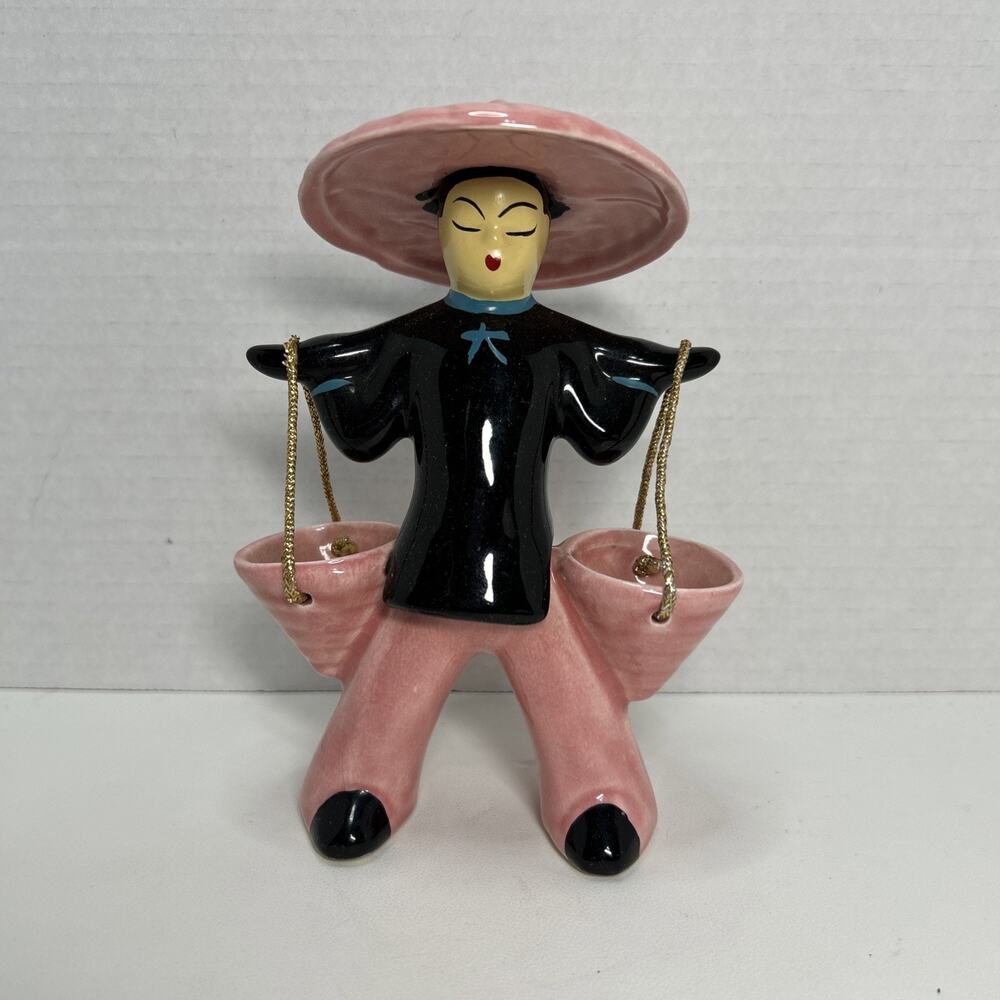 Vtg MCM Asian Women Ceramic Water Carrier Spill Vase Planter Figurine Pink